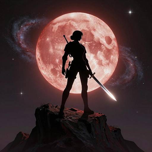 Futuristic Soldier Under Crimson Moon