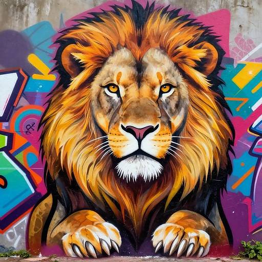 Vibrant digital art of a regal lion with a fiery mane, staring forward against a colorful graffiti wall background.
