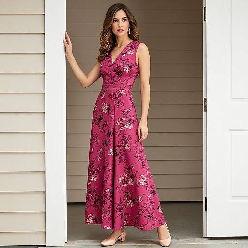 Photograph of a woman with wavy brown hair, wearing a sleeveless, magenta floral dress, standing in a white doorframe, against beige