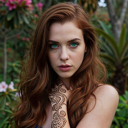 Photograph of a fair-skinned woman with vibrant blue eyes, long wavy auburn hair, intricate henna design on her chest, standing