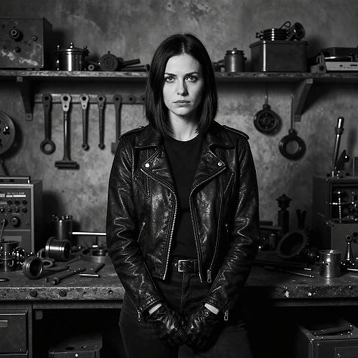 Black-and-white photograph of a serious, dark-haired woman in a leather jacket, standing in a cluttered, industrial workshop with tools hanging in the background