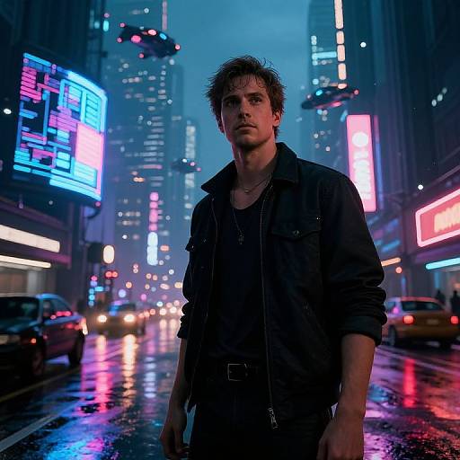 Neo stands in a neon-lit, rain-soaked cyberpunk city street at night, illuminated by colorful digital billboards. Photorealistic CGI image