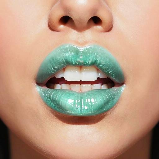 Close-up photograph of a person's lips with glossy, teal-colored lipstick, slightly parted, revealing white teeth and smooth, light brown skin.