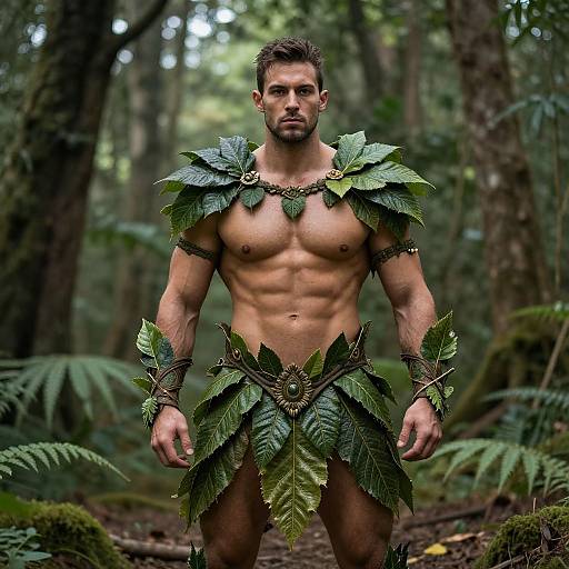 Photograph of a muscular, bearded man with short brown hair, wearing leafy green armor in a dense, misty forest. His chest and