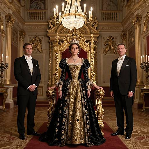 Photograph of a regal woman in an elaborate black and gold gown, seated on an ornate gold throne, flanked by two men in black