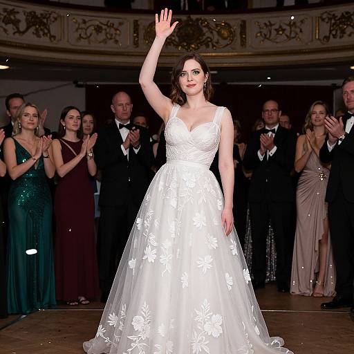 Photograph of a fair-skinned woman in a white floral lace wedding dress, waving, in an ornate ballroom with applauding guests in formal