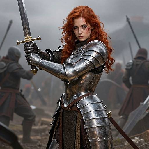 Digital artwork of a fierce red-haired warrior woman in silver armor, holding a sword, with blurred armored soldiers in the foggy background.