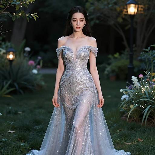 Photograph of a fair-skinned, dark-haired woman in an off-shoulder, silver, sequined gown, standing in a nighttime garden with
