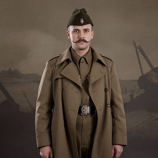 Photograph of a mustached man in a brown military coat and black cap, standing against a wartime battlefield backdrop.
