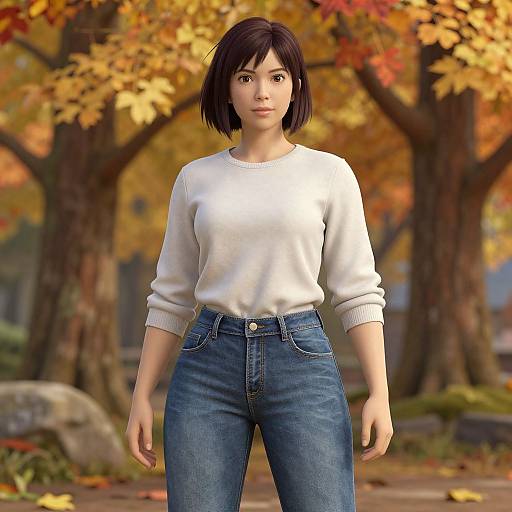 CGI image of an Asian woman with short black hair, wearing a white sweater and blue jeans, standing in an autumn forest.