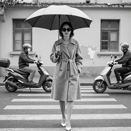 Stylish Woman with Umbrella on Zebra Crossing
