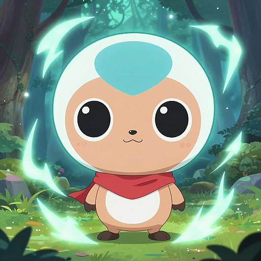 Digital illustration of a cute, chubby, white and blue forest creature with large black eyes, red scarf, and glowing blue energy circles.