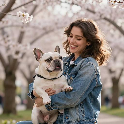 Young Woman Hugging French Bulldog in Cherry Blossom Park