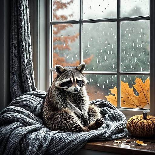 Sleepy Raccoon by Rainy Window
