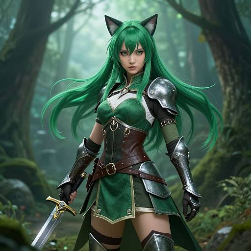 Digital artwork of a fierce, green-haired, cat-eared warrior woman in green armor, holding a sword in a misty forest.
