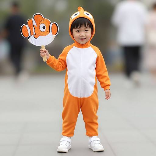 Photograph of a smiling Asian toddler in an orange and white octopus onesie, holding a plush octopus hand puppet, standing on a blurred outdoor