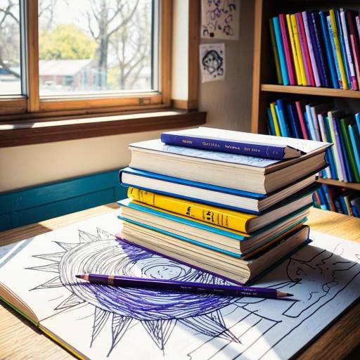 Stack of Books with Child's Drawing in Sunlit Classroom