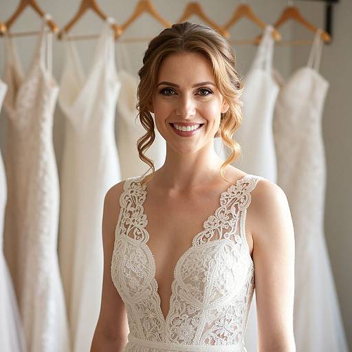 Photograph of a smiling woman with wavy brown hair in a white lace, deep V-neck wedding dress, standing in front of several hung white dresses