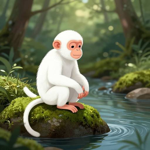 Digital illustration of a cute, white-faced monkey with pink ears and hands, sitting on a mossy rock by a calm forest stream.