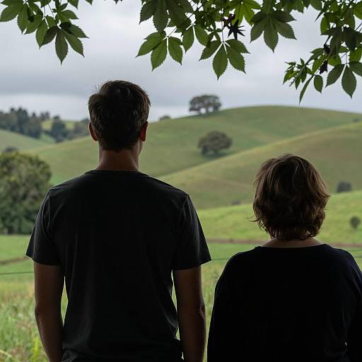 Silhouetted Couple Against Green Hills