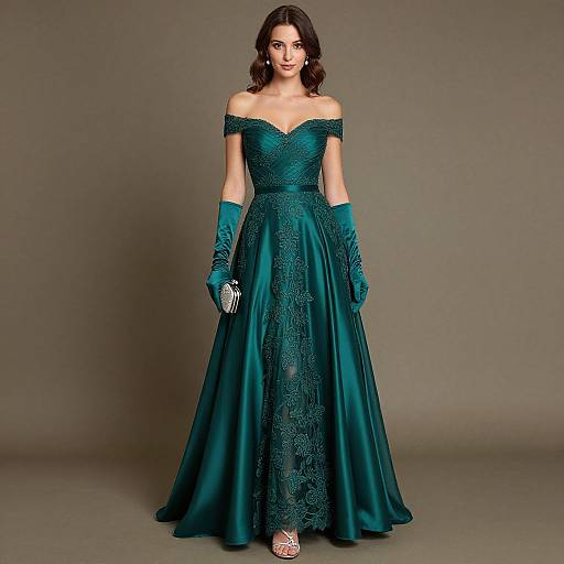 Photograph of a brunette woman in an off-shoulder, teal lace gown with matching gloves, standing against a plain gray background.