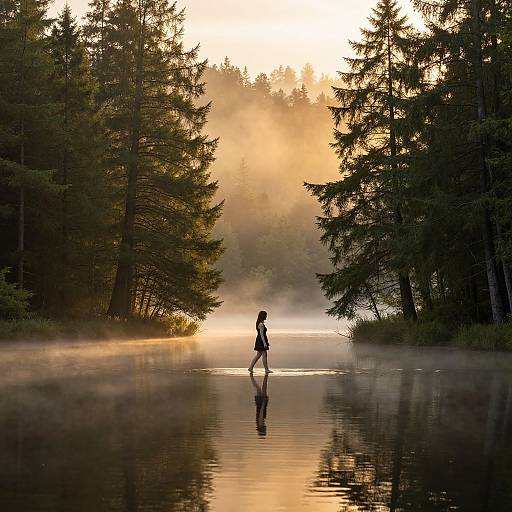 Photograph of a lone girl walking through a misty, sunlit forest, reflecting on a calm, shallow river with tall pine trees on either side