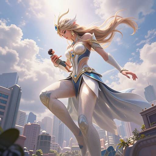 Digital art: towering blonde warrior woman in silver armor and blue dress, holding a black flower, dominates a sunlit cityscape.