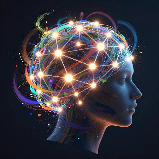 Digital art of a blue-toned human profile with a glowing, colorful, star-like brain composed of interconnected lines and lights against a dark background.