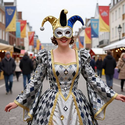 Photograph of a woman in a silver and black checkered jester costume with gold trim, blue and gold jester hat, white mask, smiling