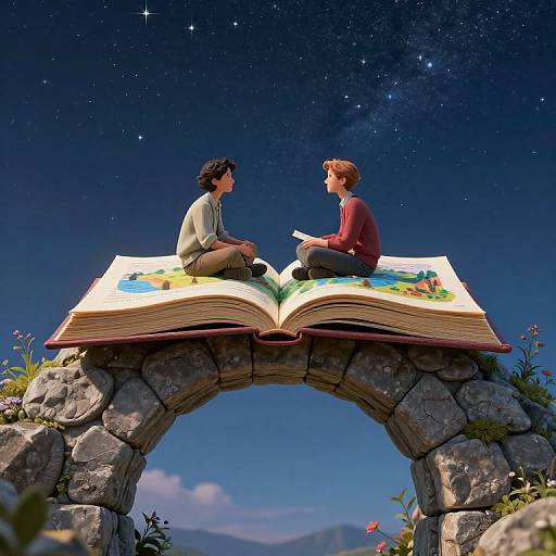 Digital art: Two young people, one with dark hair, one with brown hair, sit on an open, magical book atop a stone arch under a