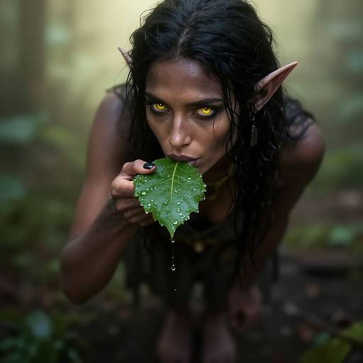 Photorealistic digital artwork of a dark-haired, yellow-eyed elf with pointed ears, holding a dripping wet leaf to her mouth in a misty forest