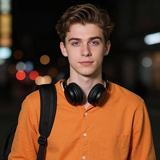 Photograph of a young, fair-skinned man with brown hair, blue eyes, wearing an orange shirt, black headphones around his neck, and a