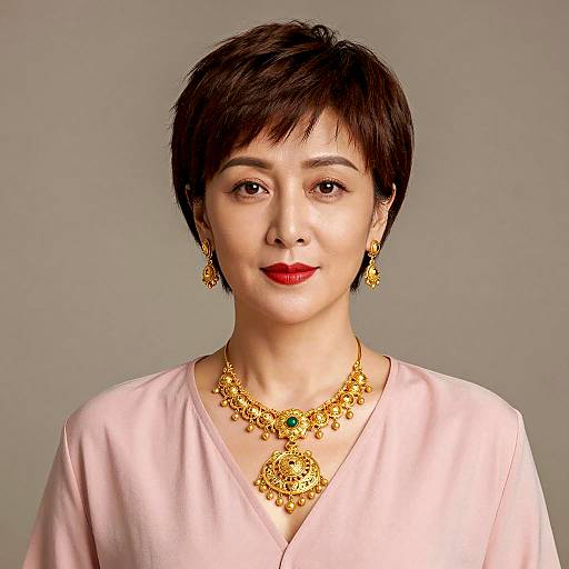 Elegant Woman with Short Hair and Traditional Gold Jewelry