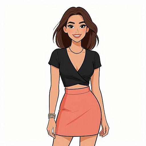 Digital illustration of a smiling woman with medium-length brown hair, wearing a black V-neck top, pink skirt, and bracelets, against a white background.