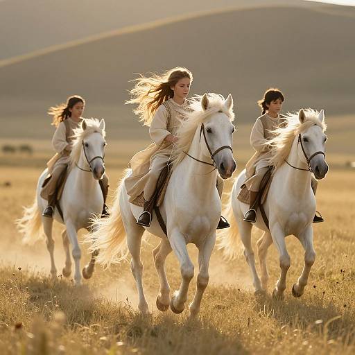 Photograph of three women with long hair, riding white horses galloping through a sunlit, grassy field with rolling hills in the background.