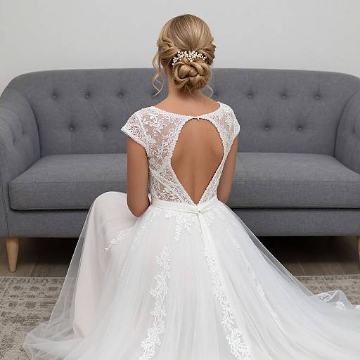 Photograph of a blonde woman with a bun, wearing a white lace backless wedding dress, sitting on a gray tufted couch.