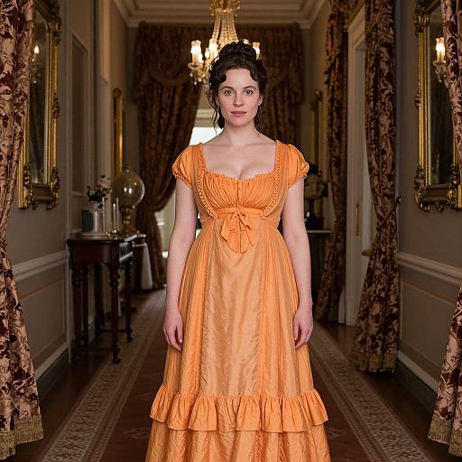 Photograph of a woman with fair skin and dark curly hair, wearing an orange, ruffled Victorian-style dress, standing in an ornate, ch