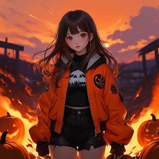 Anime-style digital artwork of a young woman with long brown hair, wearing an orange jacket, black crop top, and shorts, standing amidst fiery pumpkins