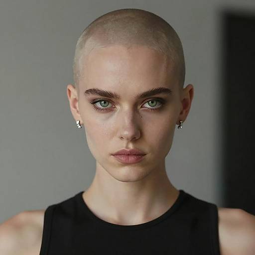 Portrait of Woman with Bald Head and Intense Green Eyes