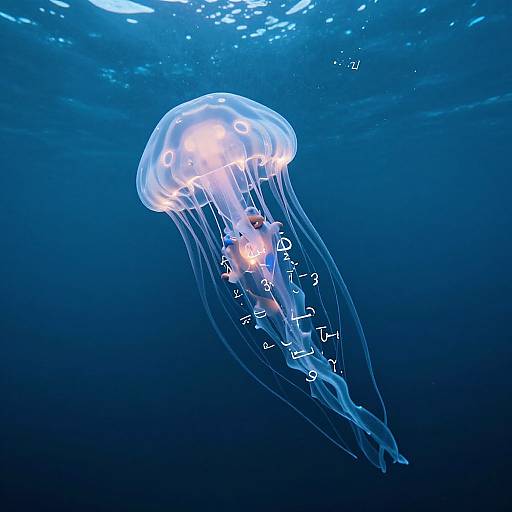 Photograph of a glowing, translucent jellyfish with white bioluminescent spots, floating gracefully in deep blue underwater ocean.