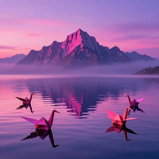 Photograph of five pink paper boats gliding on a serene, reflective lake at sunset, with a majestic mountain range and pink-purple sky in the background