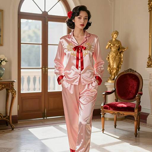 Elegant Woman in Pink Satin Pajamas