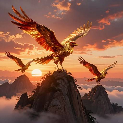 Digital art of three majestic golden eagles with glowing feathers, soaring on rocky peaks during a vibrant sunset with orange and pink clouds.