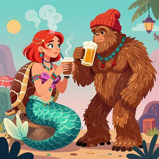 Art Deco Mermaid and Bigfoot Scene
