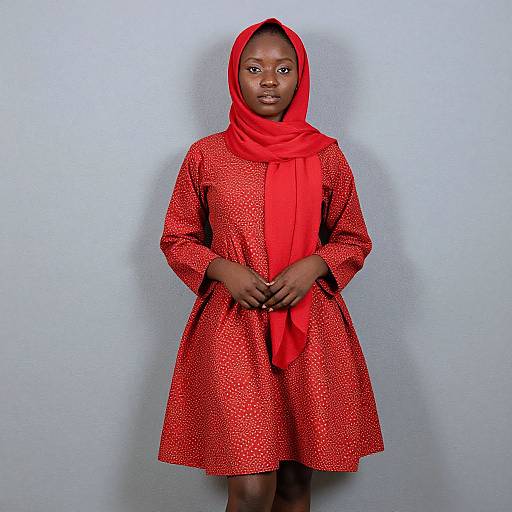 Photograph of a young African woman in a red polka dot dress and matching red headscarf, standing against a plain light blue wall, hands