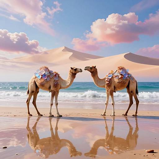 Photograph of two decorated camels standing on a sunlit beach with sandy dunes, ocean waves, and a colorful sky in the background. Reflection