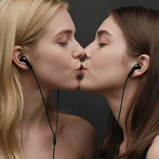 Two women kissing with earphones