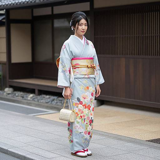 Photograph of an elegant Japanese woman in a floral kimono, standing on a tiled pathway, holding a woven purse, with traditional wooden building in the