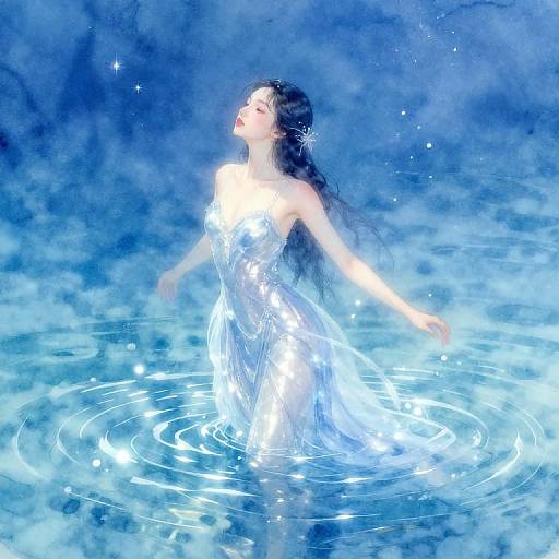Digital artwork of a fair-skinned woman with long black hair, wearing a glowing white dress, standing in a blue, mystical water pool, surrounded by