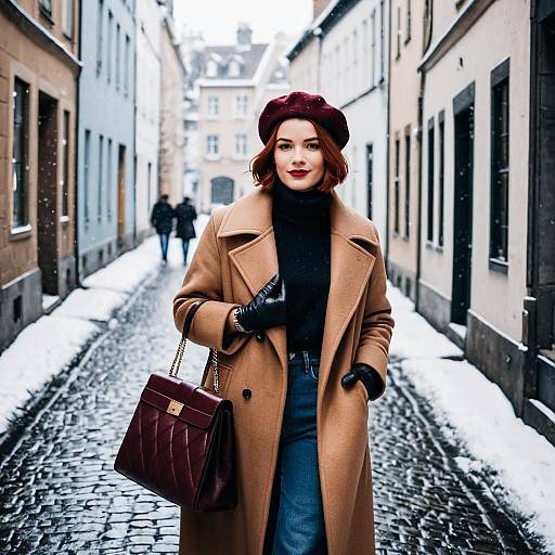 Stylish woman in camel coat with burgundy accessories on snowy street